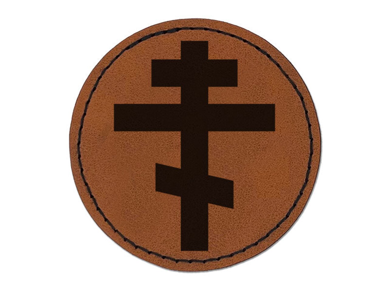 Eastern Russian Orthodox Cross Christian Religious Symbol Round Iron-On Engraved Faux Leather Patch Applique - 2.5 Inch